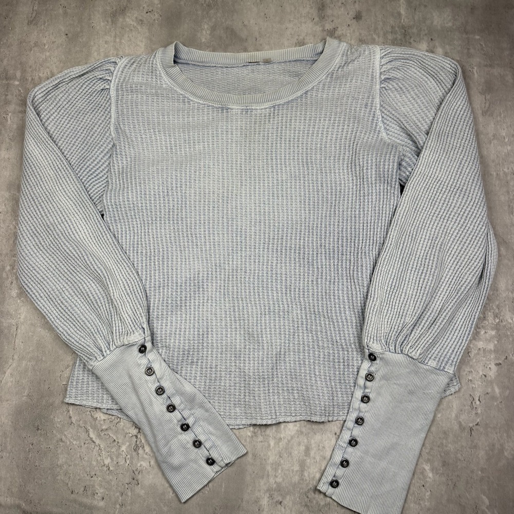 Free People One Wesley Thermal Top Waffle Knit Puff Sleeve Women's L Steel Blue